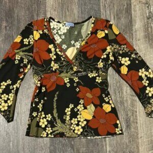 Poetry Blouse Top Women’s Multicolor Floral 3/4 Sleeve V Neck Tie Stretch